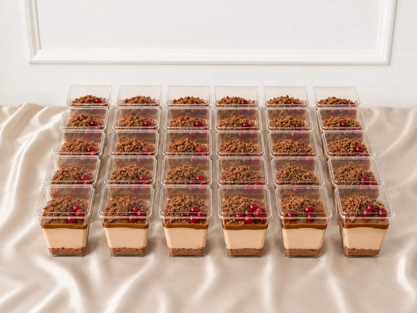 Individuele dessertcups met karamellaag, krokante topping en kersen