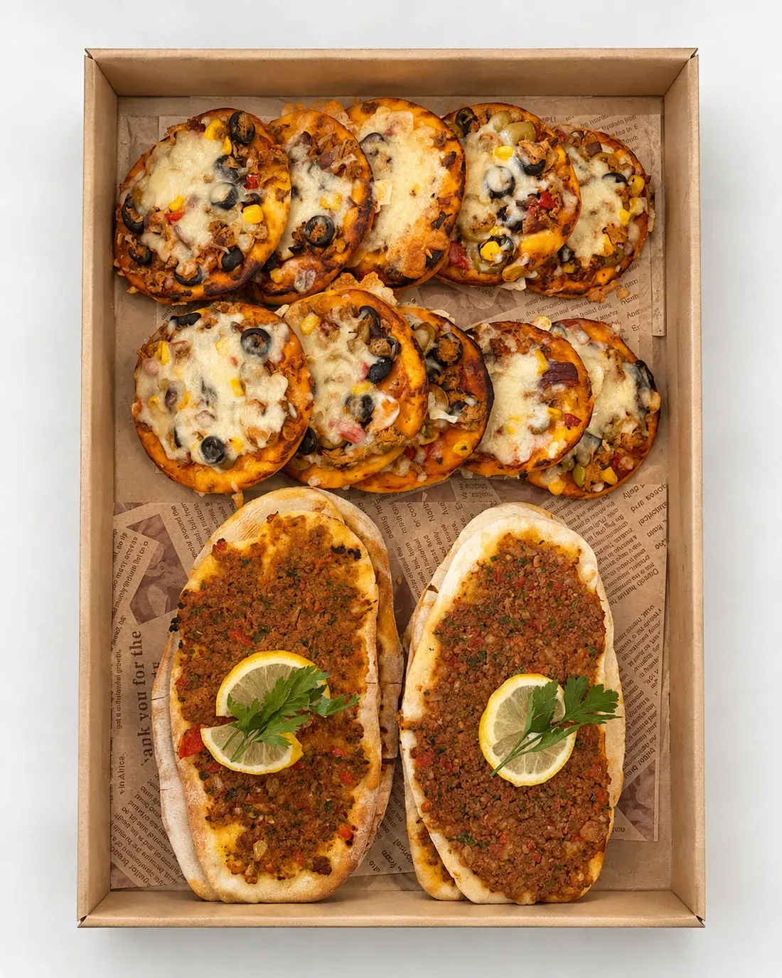 Assortiment mini pizza's en Turkse pide in een cateringbox
