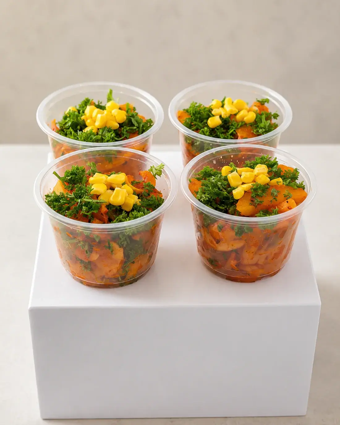 Cateringcups met frisse groentesalade, kruiden en maïs